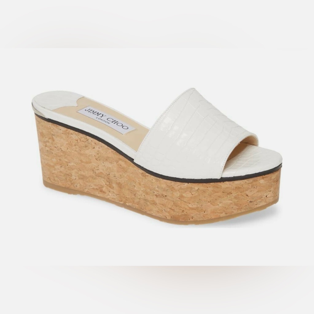 Jimmy Choo Deedee White Croc Embossed Cork Wedge Platform Sandals Size 38.5